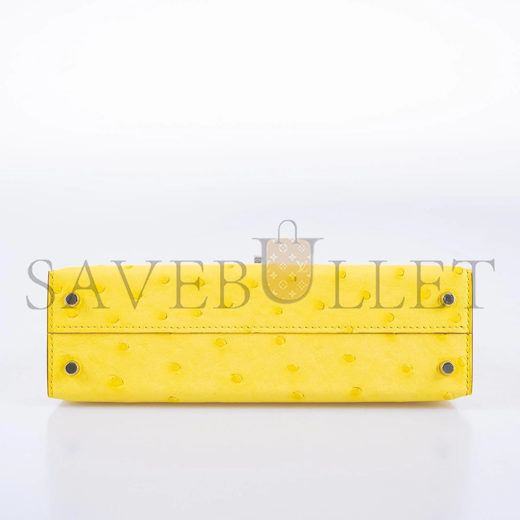 HERMÈS MASTER MINI KELLY II SELLIER JAUNE CITRON OSTRICH PALLADIUM HARDWARE (19*12*5.5cm)